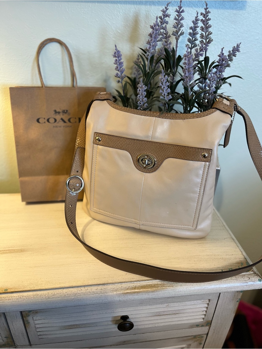 Coach Penelope Crossbody Bag Leather Sandstone with Snakeskin Trim